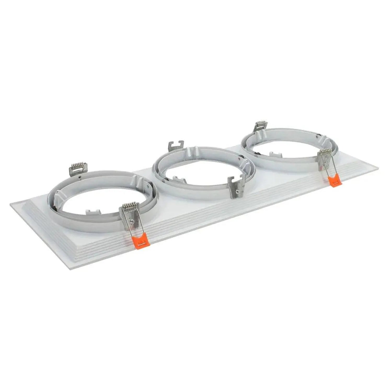 Triple AR111 recessed light fixture housing with white trim rings and orange spring clips mounted on rectangular base plate, 
