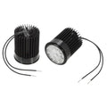 Two LED downlight modules shown front and back view, featuring cylindrical black bodies with finned heatsinks and attached po