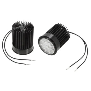 Two LED downlight modules shown front and back view, featuring cylindrical black bodies with finned heatsinks and attached po