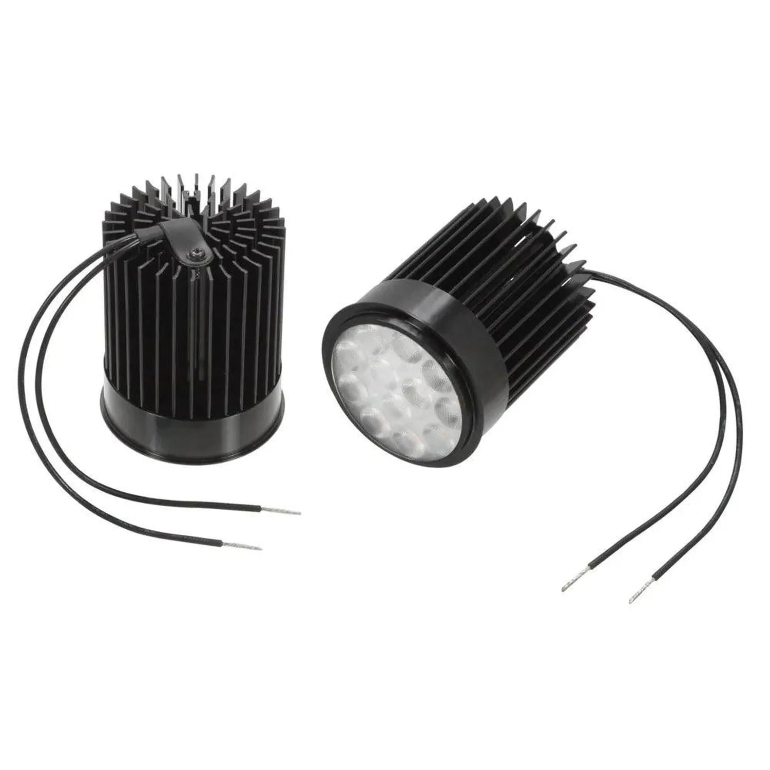 Two LED downlight modules shown front and back view, featuring cylindrical black bodies with finned heatsinks and attached po