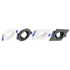 Four recessed LED downlight fixtures in white and black finishes, shown as product display with mounting hardware and blue sp