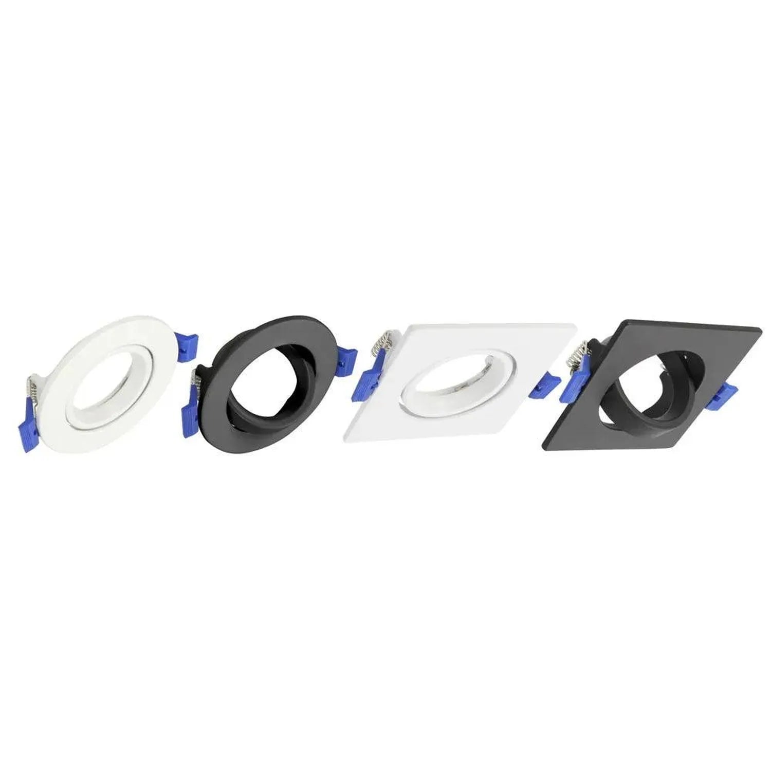 Four recessed LED downlight fixtures in white and black finishes, shown as product display with mounting hardware and blue sp