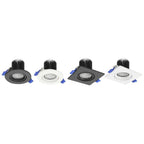 Four LED downlight fixtures shown in different finishes: dark gray round, white round, dark gray square, and white square, ea