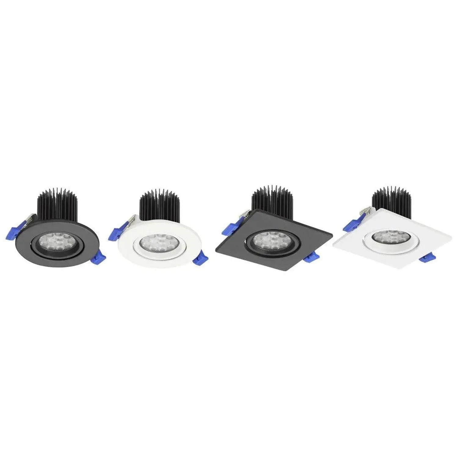 Four LED downlight fixtures shown in different finishes: dark gray round, white round, dark gray square, and white square, ea