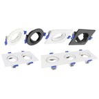 Collection of recessed LED downlights shown in round and square styles, white and black finishes, with mounting hardware and 