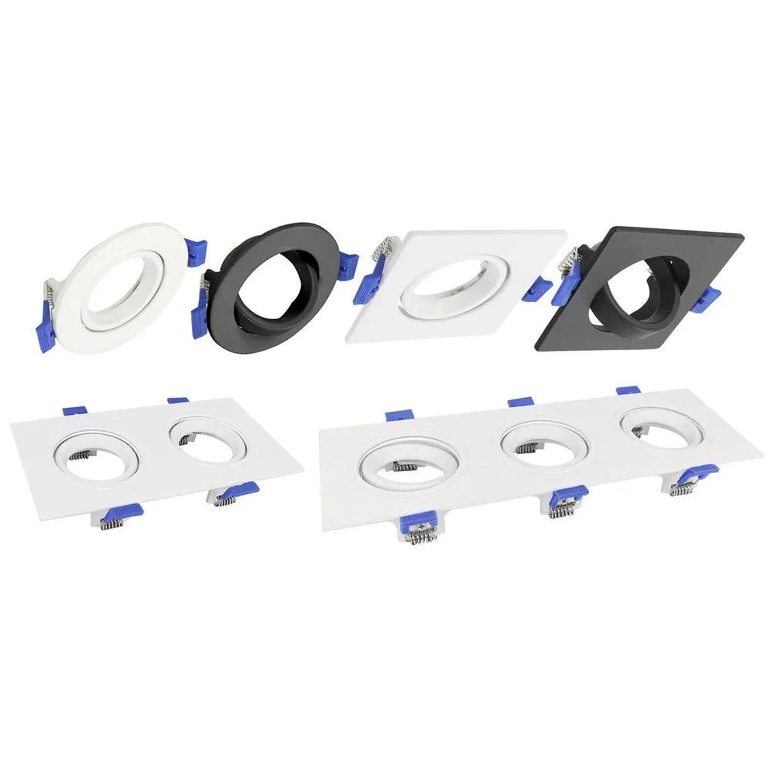 Collection of recessed LED downlights shown in round and square styles, white and black finishes, with mounting hardware and 