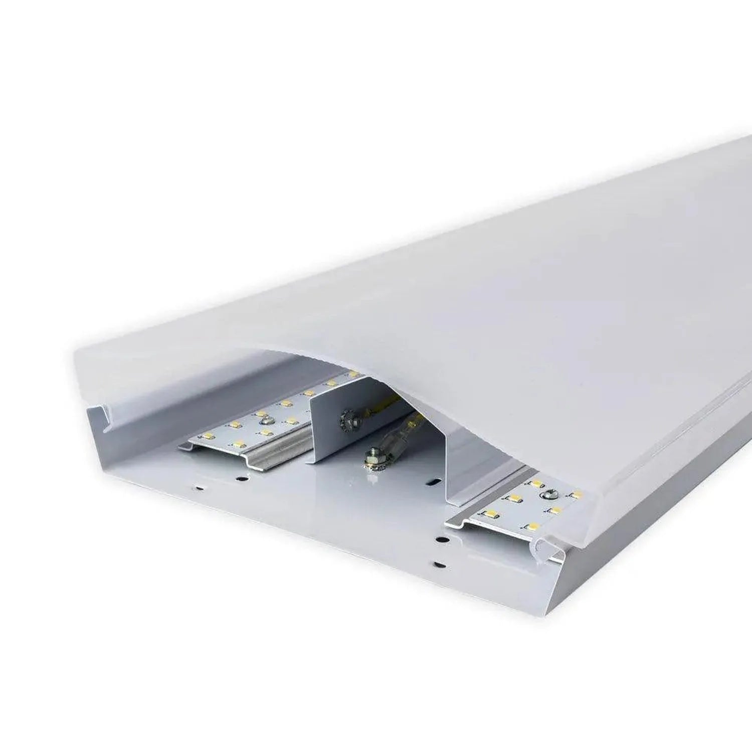 Cutaway view of LED ceiling light fixture showing internal components including LED circuit boards, driver, and mounting hard
