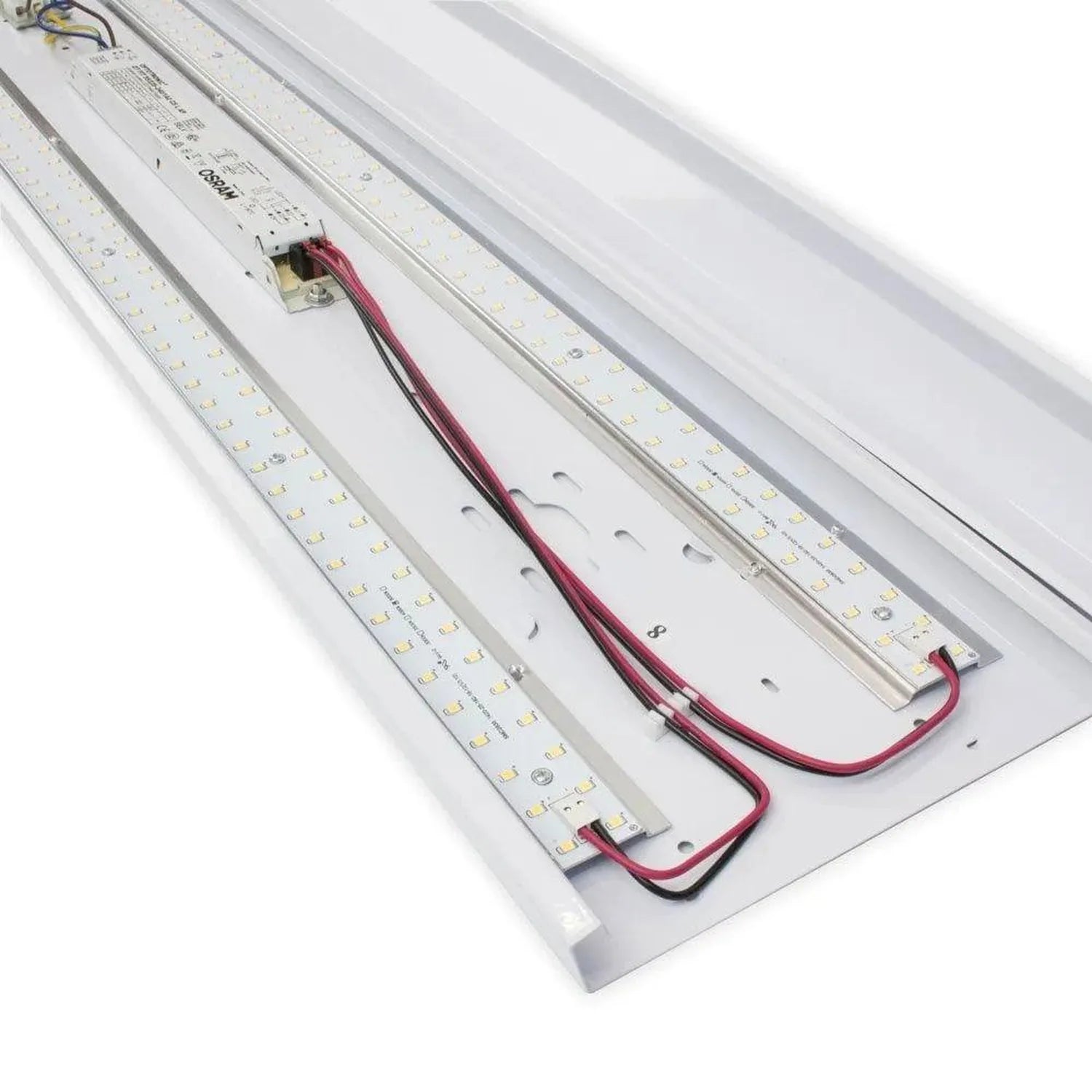 Multiple LED light panels with white diffusers and mounted SMD LEDs, connected with red and black wiring, shown disassembled 