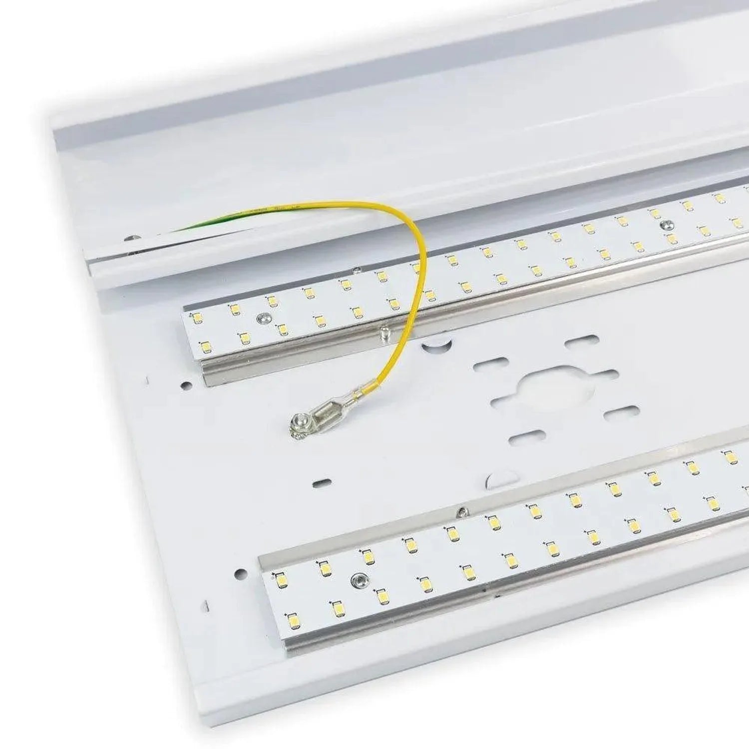 Interior view of LED ceiling light showing aluminum housing with multiple LED modules, wiring harness, and mounting hardware.