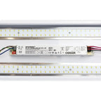 LED ceiling light with OSRAM power supply, showing two parallel LED strips with yellow diodes mounted on aluminum rails with 