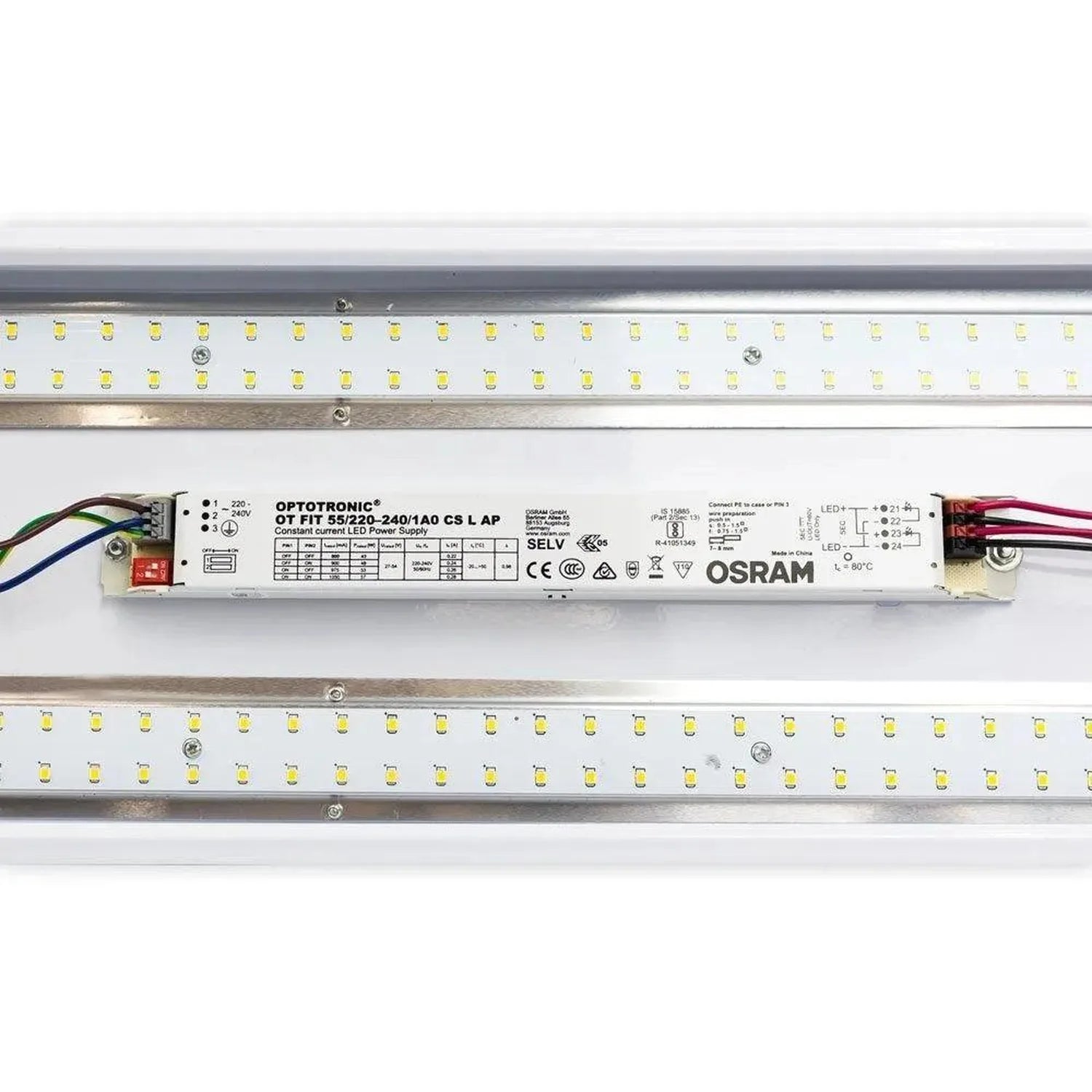 Overhead view of LED ceiling light fixture showing two parallel light bars with yellow LED chips and OSRAM power supply unit 