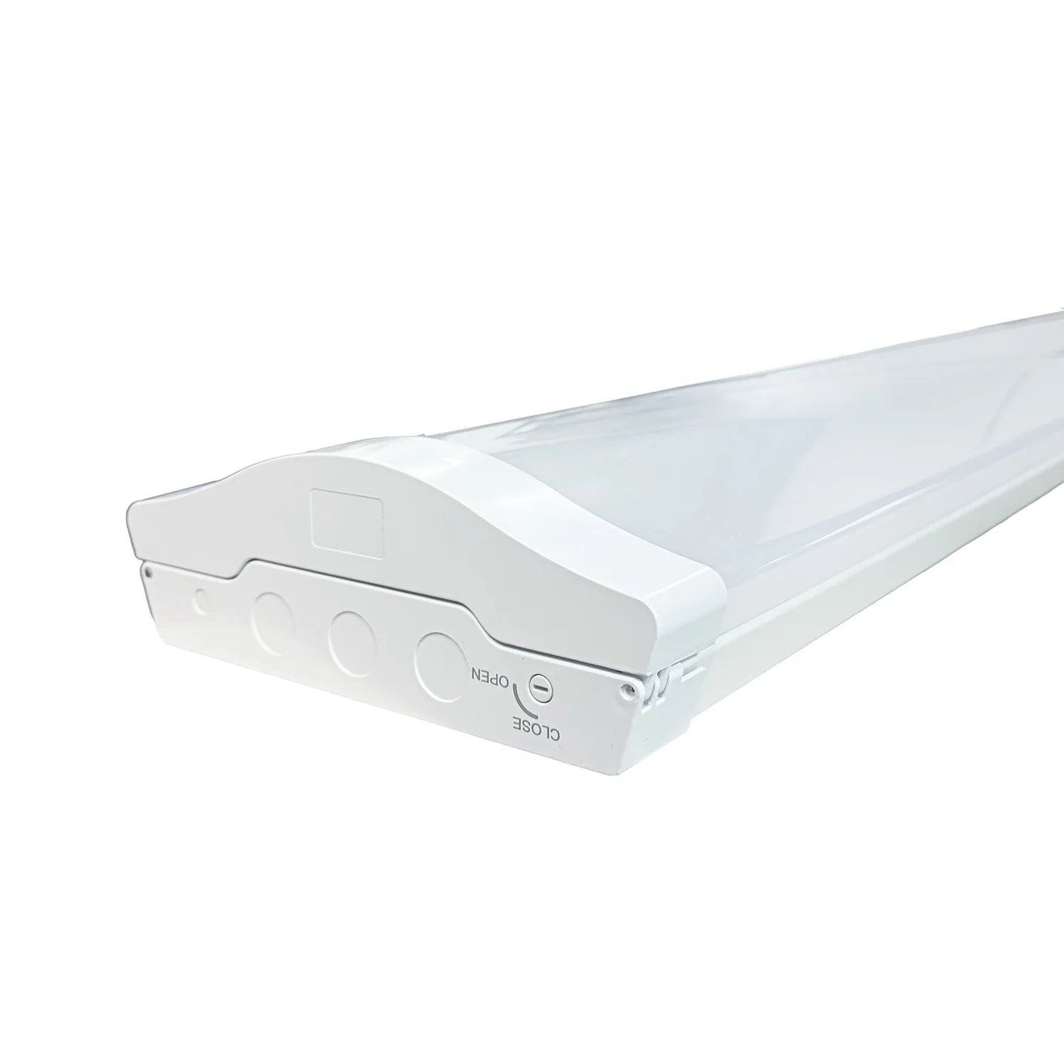 White LED ceiling light fixture with frosted diffuser and control panel, shown at an angle against white background.