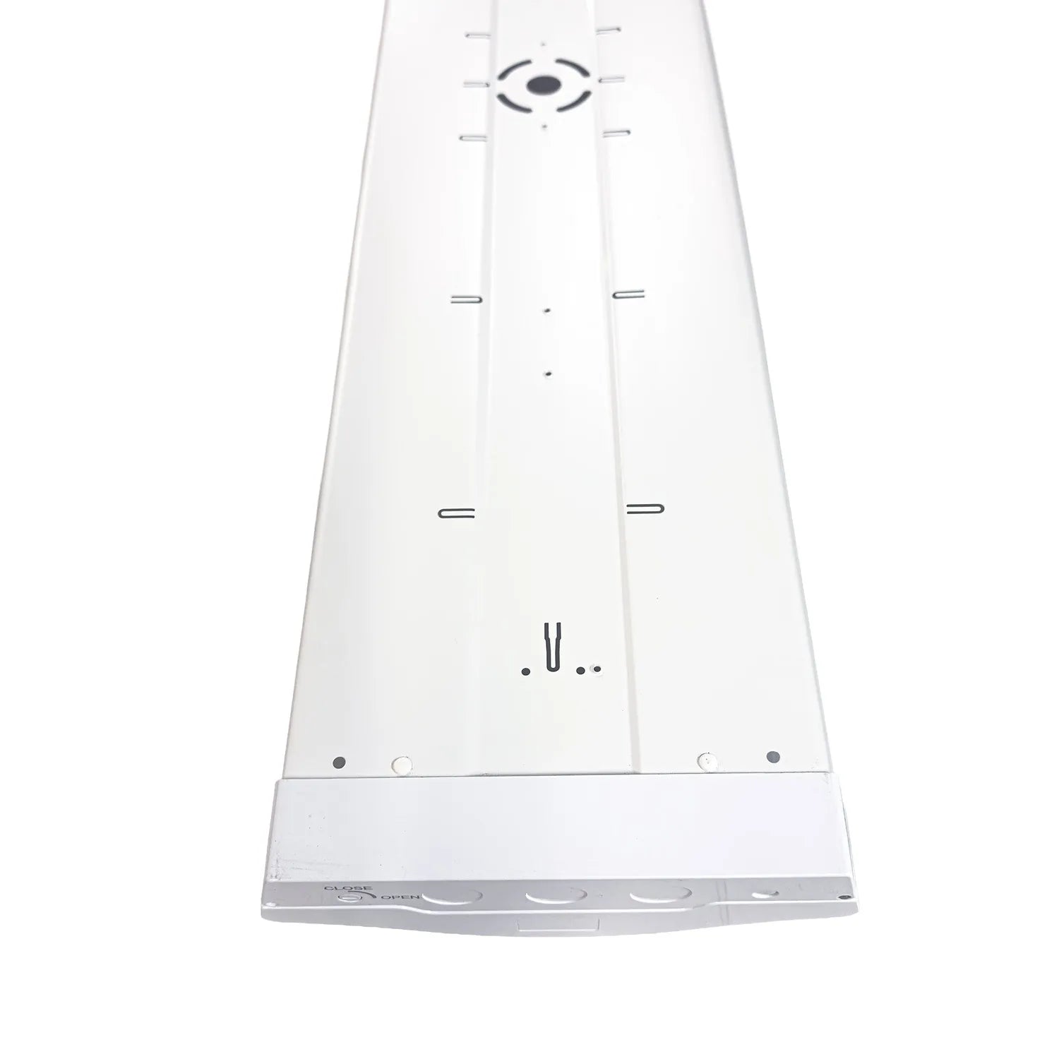 Top-down view of white rectangular LED ceiling light panel with eye symbol and adjustment markings.