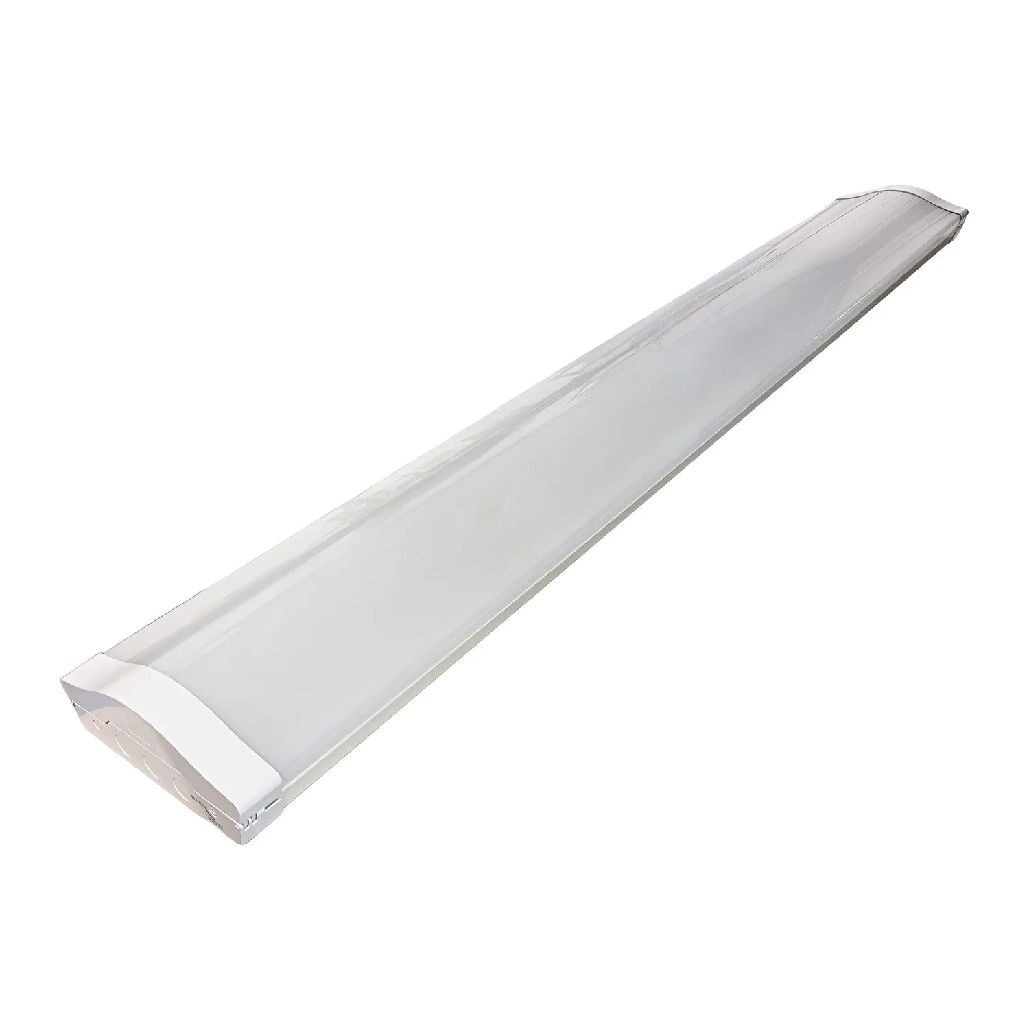 Long rectangular white LED ceiling light fixture with diffuser panel on neutral background.