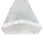 White cone-shaped LED ceiling light with curved base band and control buttons, front view product shot.