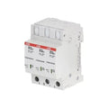 ABB OVR PV 40-1500 C surge protection device with three modules mounted on DIN rail, white casing with red labeling and alarm