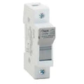White DIN rail-mounted fuse holder with gray switch lever and terminal screws, front product view.