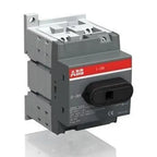 ABB DC switch isolator with red and gray housing, black rotary handle, mounted on DIN rail, front product view.
