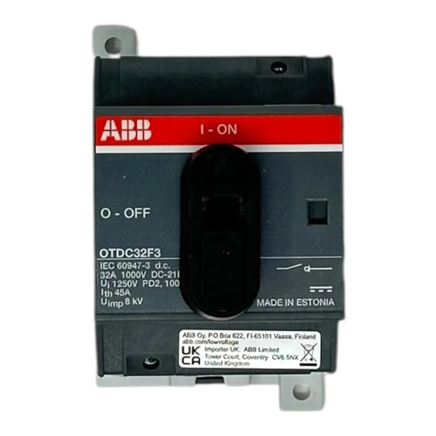 ABB OTDC32F3 DC switch with red I-ON and O-OFF lever handle, mounted on DIN rail, specifications visible on label.