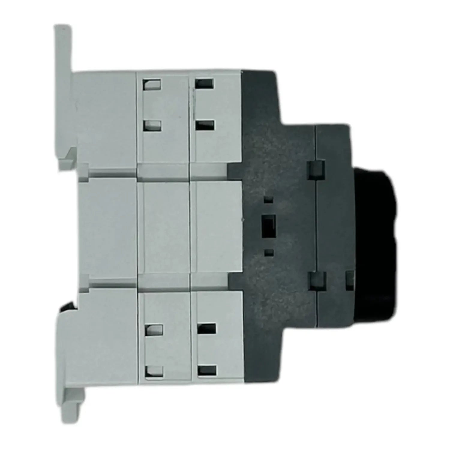 ABB DC switch isolator with gray and black housing, showing three-pole configuration and terminal connections, product view.