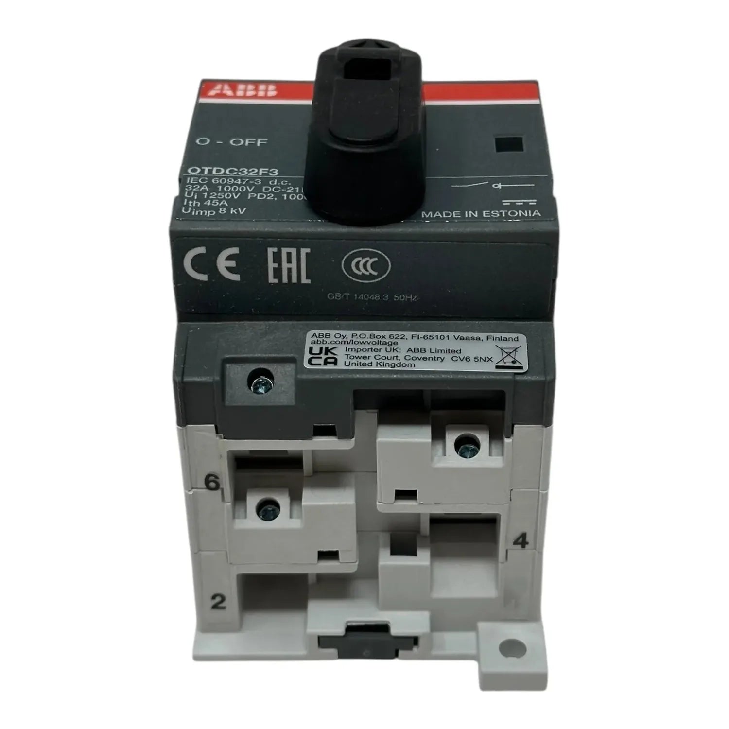 ABB OTDC32F3 DC isolator switch with black rotary handle and gray terminal block housing, front view showing numbered connect