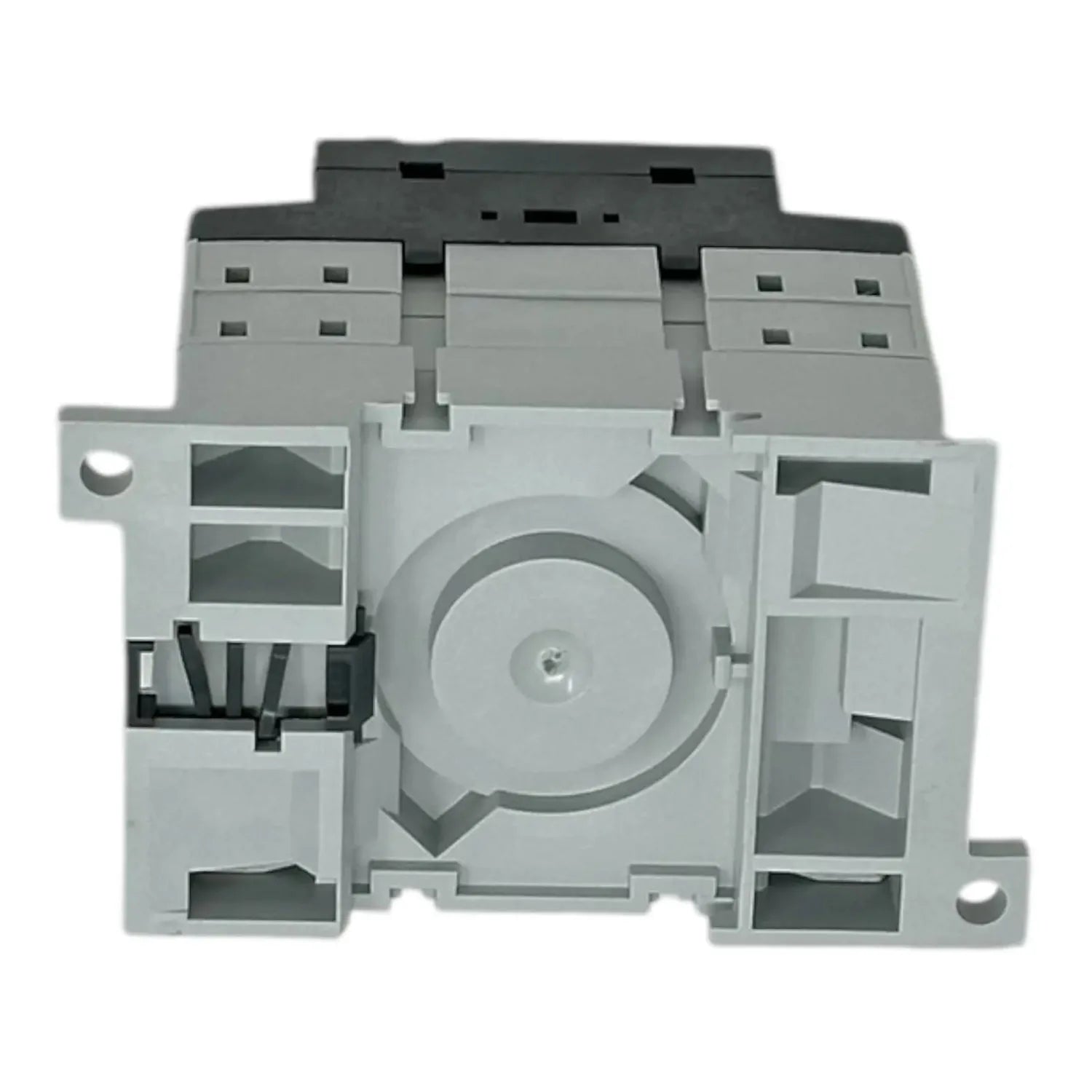 Top view of ABB 3-pole PV isolator showing internal mechanism with central rotary switch and terminal connections, disassembl