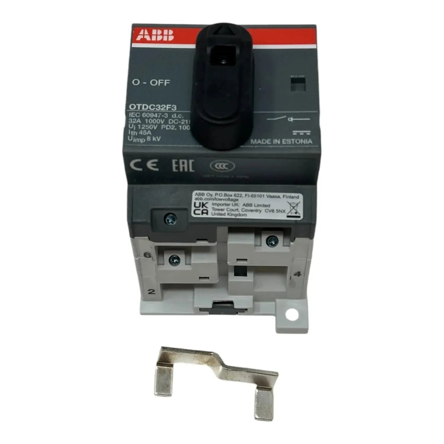 ABB OTDC32F3 DC isolator switch with black handle and mounting bracket, shown with metal connector piece below.