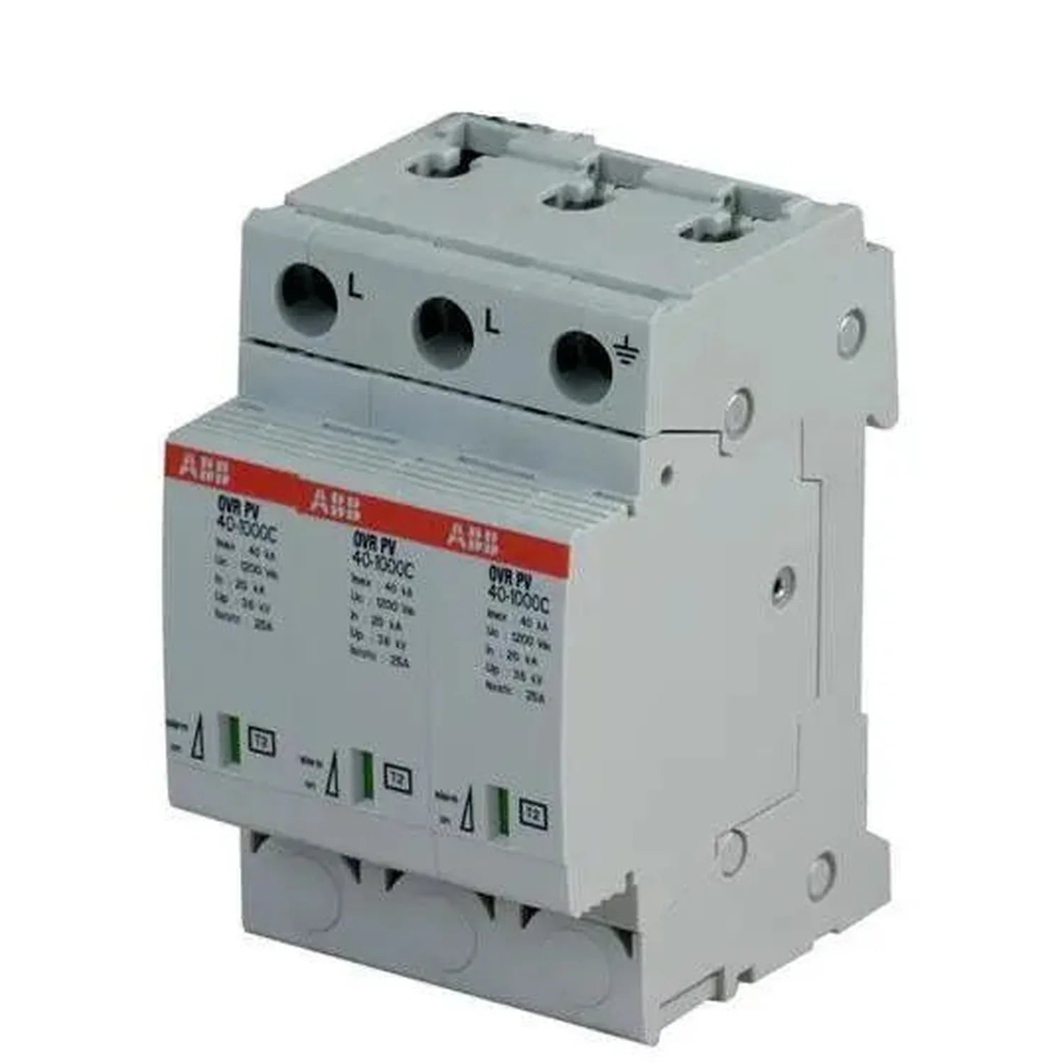 ABB OVR PV 1000V Type 2 Class II DC surge protection device mounted on DIN rail with three input/output terminals and red tec