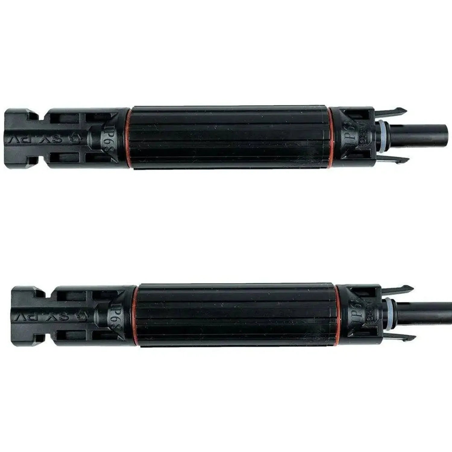Two black MC4 solar panel connectors with red fuse bands, shown from side view in male and female pair configuration.
