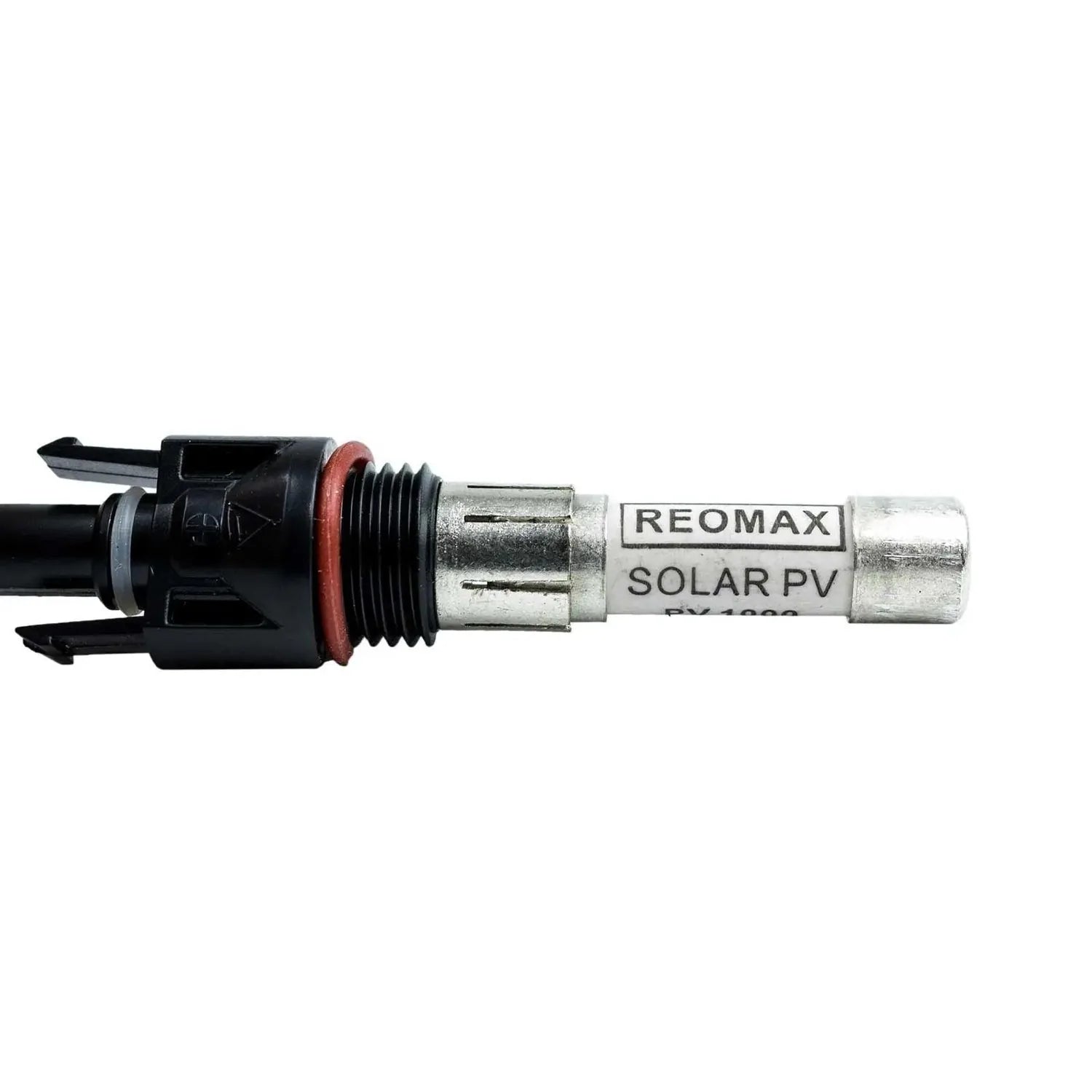 REOMAX solar PV MC4 connector with red-banded black plug and metallic fuse housing on black cable.