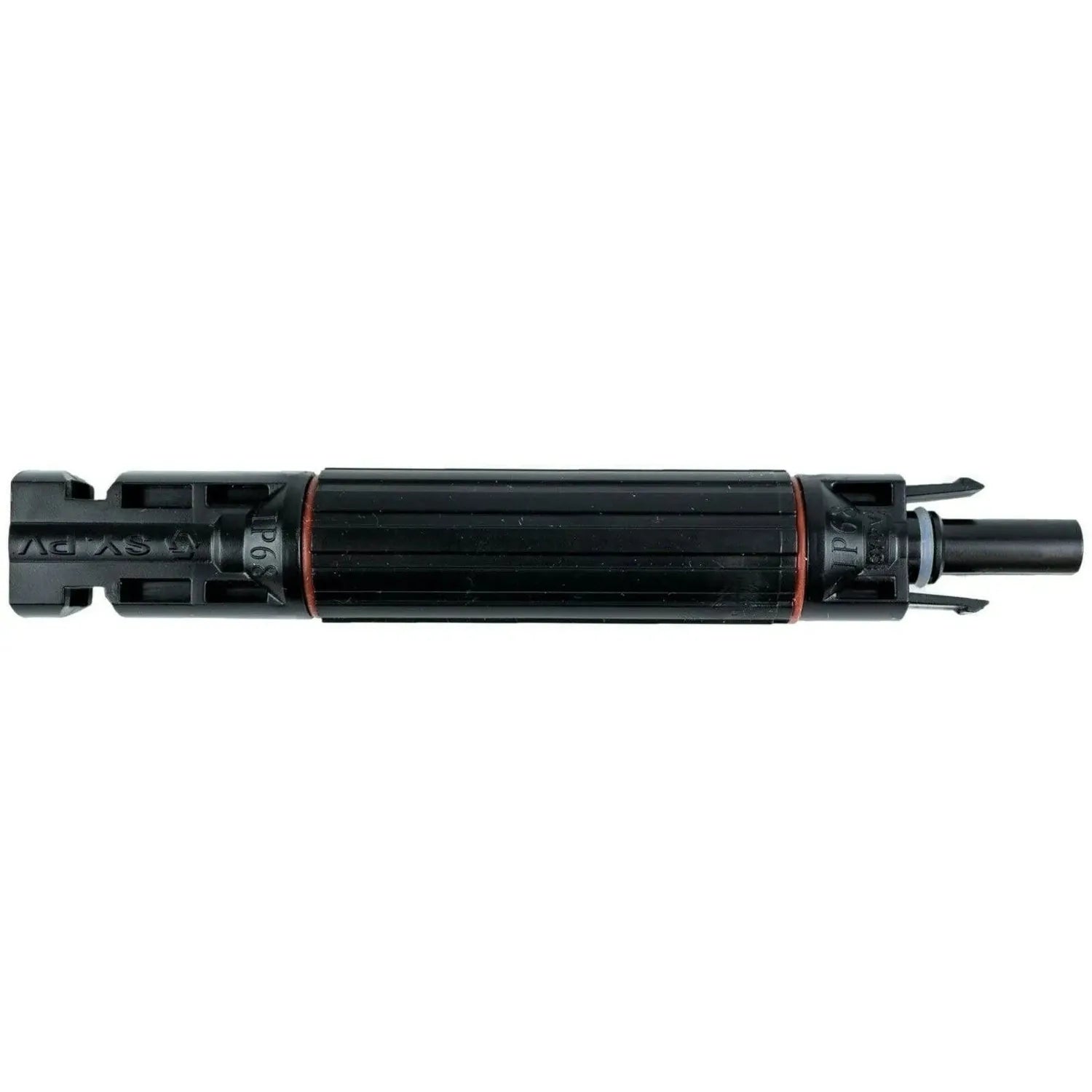 MC4 solar connector with integrated 12A fuse cartridge, shown at side angle against white background.