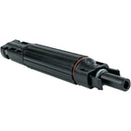 MC4 solar panel connector assembly with integrated 12A fuse, black plastic housing and metal contacts, isolated on white back