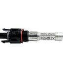 MC4 solar connector with red-banded black housing, metal threaded coupling, and silver inline fuse labeled REOMAX SOLAR PV ag