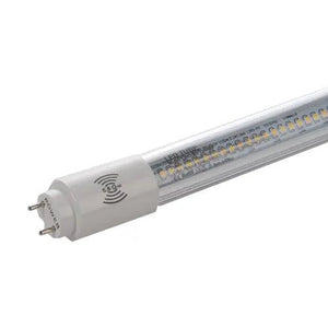 White T8 LED tube light with motion sensor cap and integrated LED array visible through clear housing.