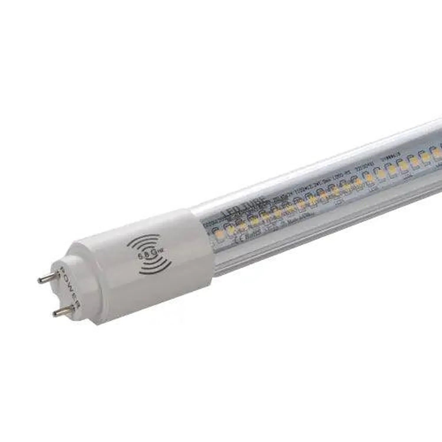 White T8 LED tube light with motion sensor cap and integrated LED array visible through clear housing.