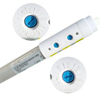 T8 LED microwave sensor tube with control heads showing lux and time settings, displayed at multiple angles.