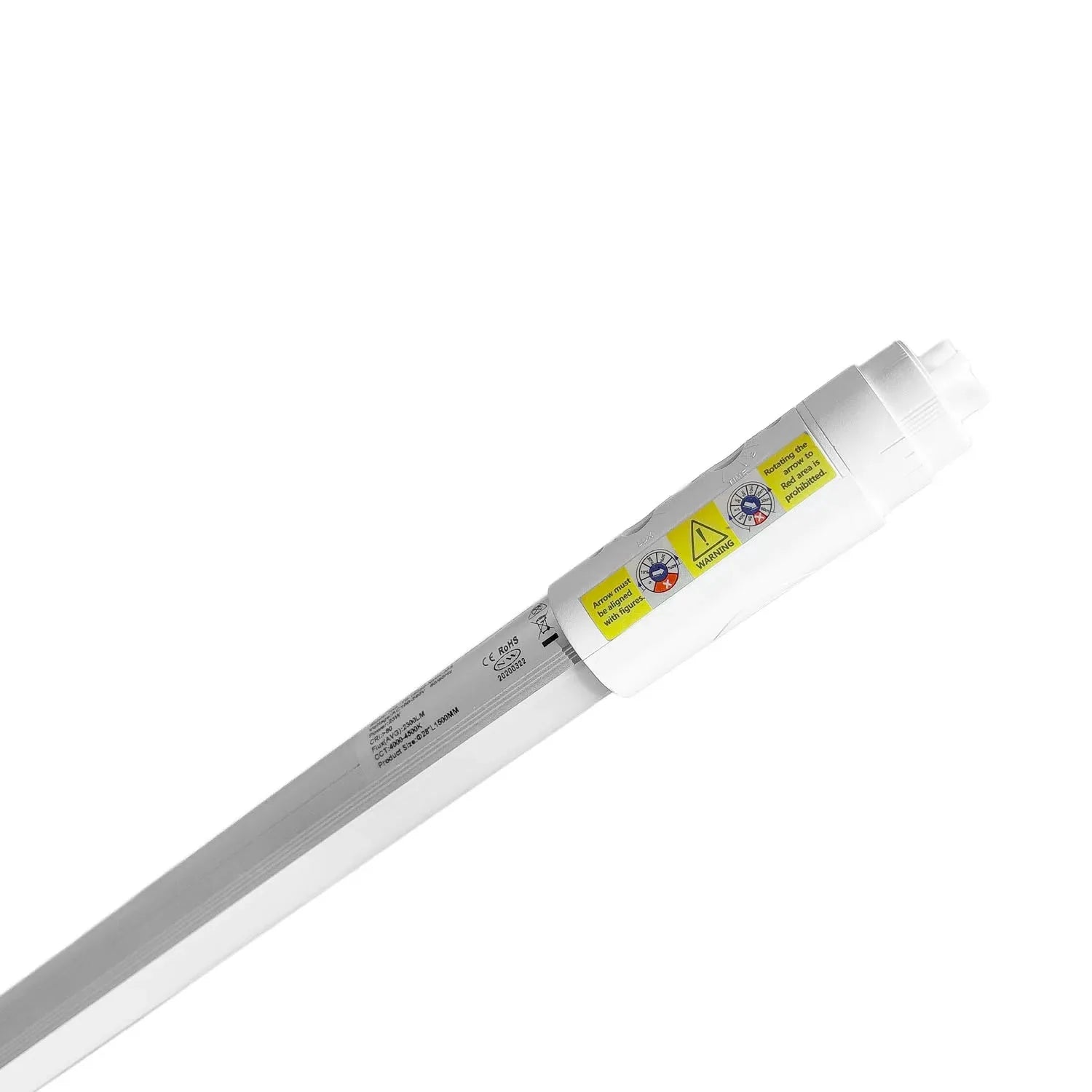T8 LED tube with white casing and yellow warning labels showing safety certifications and sensor details on upper end.