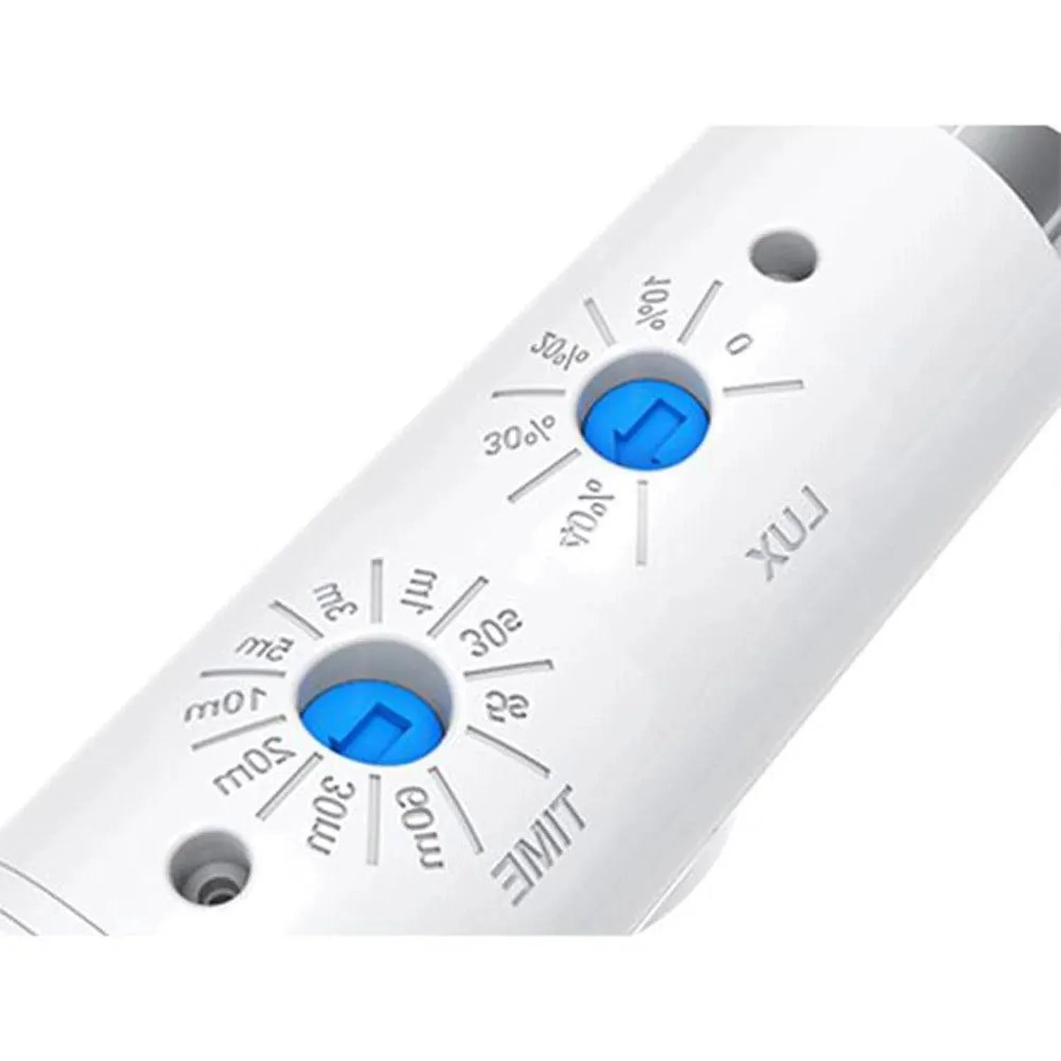 Close-up of T8 LED tube sensor control panel showing two blue rotary dials with percentage and time settings marked around th