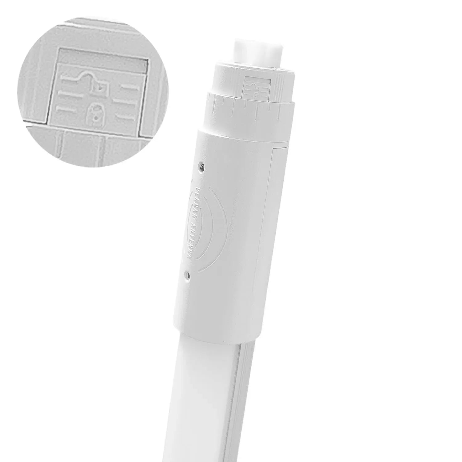 White T8 LED tube light with integrated PIR motion sensor, shown vertically with detail inset of sensor panel.