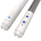 Two white T8 LED tube lights with blue indicator buttons and motion sensor controls, shown at an angle against white backgrou