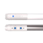 Two white LED tube lights with blue control indicators and motion sensor details shown side by side.