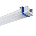 White LED tri-proof light fixture with blue accent band, suspended by cable against white background.