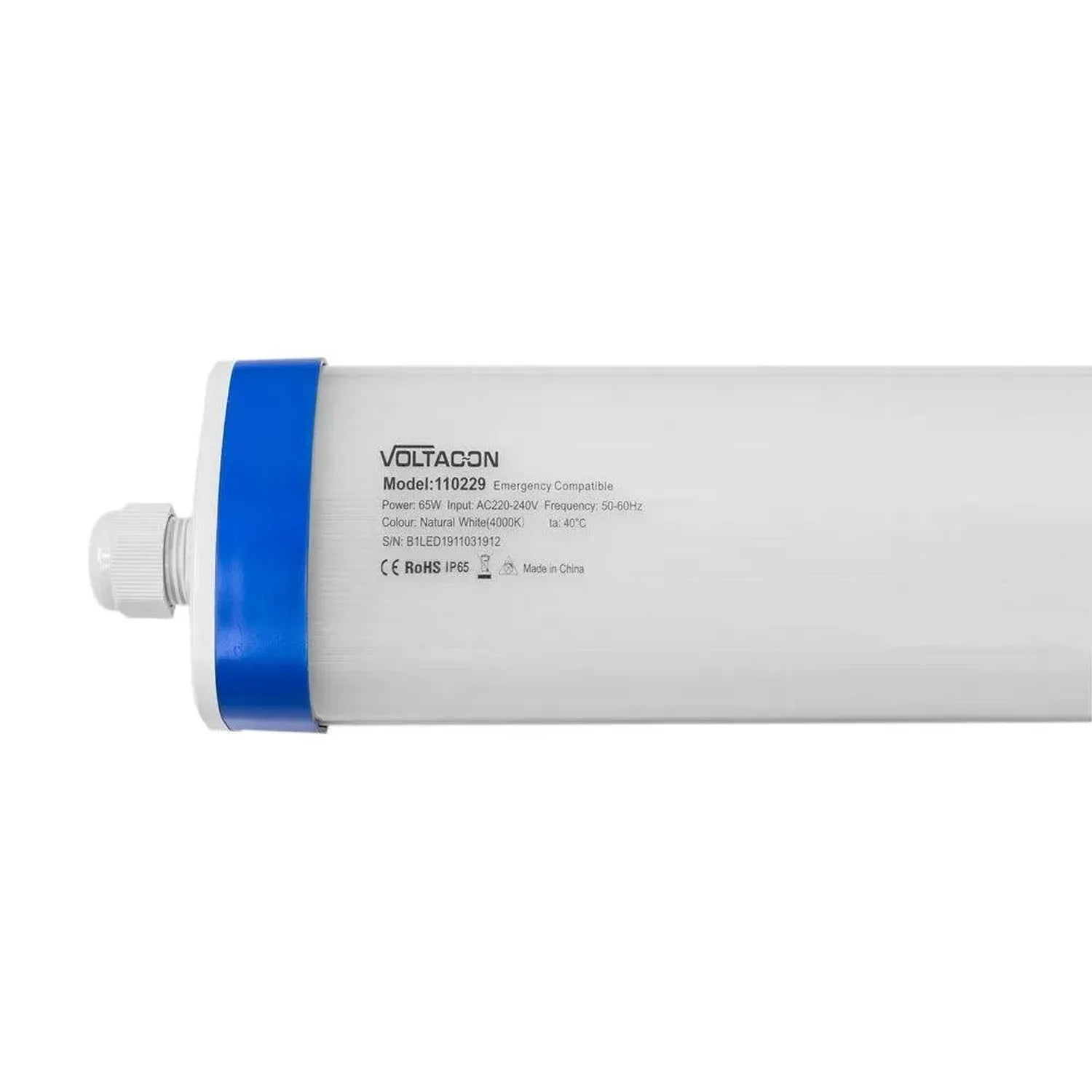 Voltagon LED tri-proof light fixture showing product label with model number 110229, 65W power rating, and IP65 certification