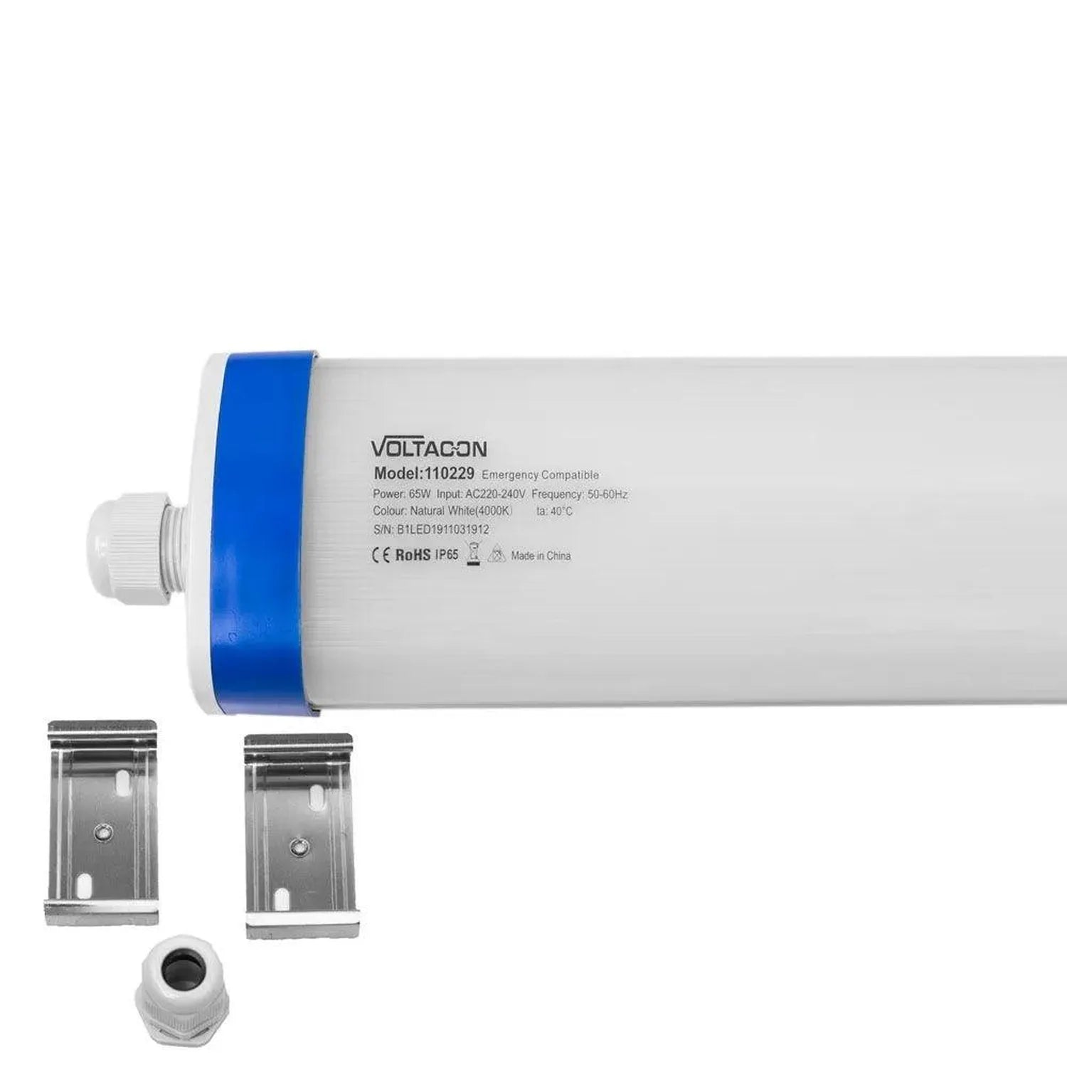 Voltagon LED tri-proof light with blue band, mounting brackets, and cable gland shown on white background.