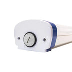 White and blue LED tri-proof light fixture mounted horizontally with rotary dimmer control and mounting brackets visible.