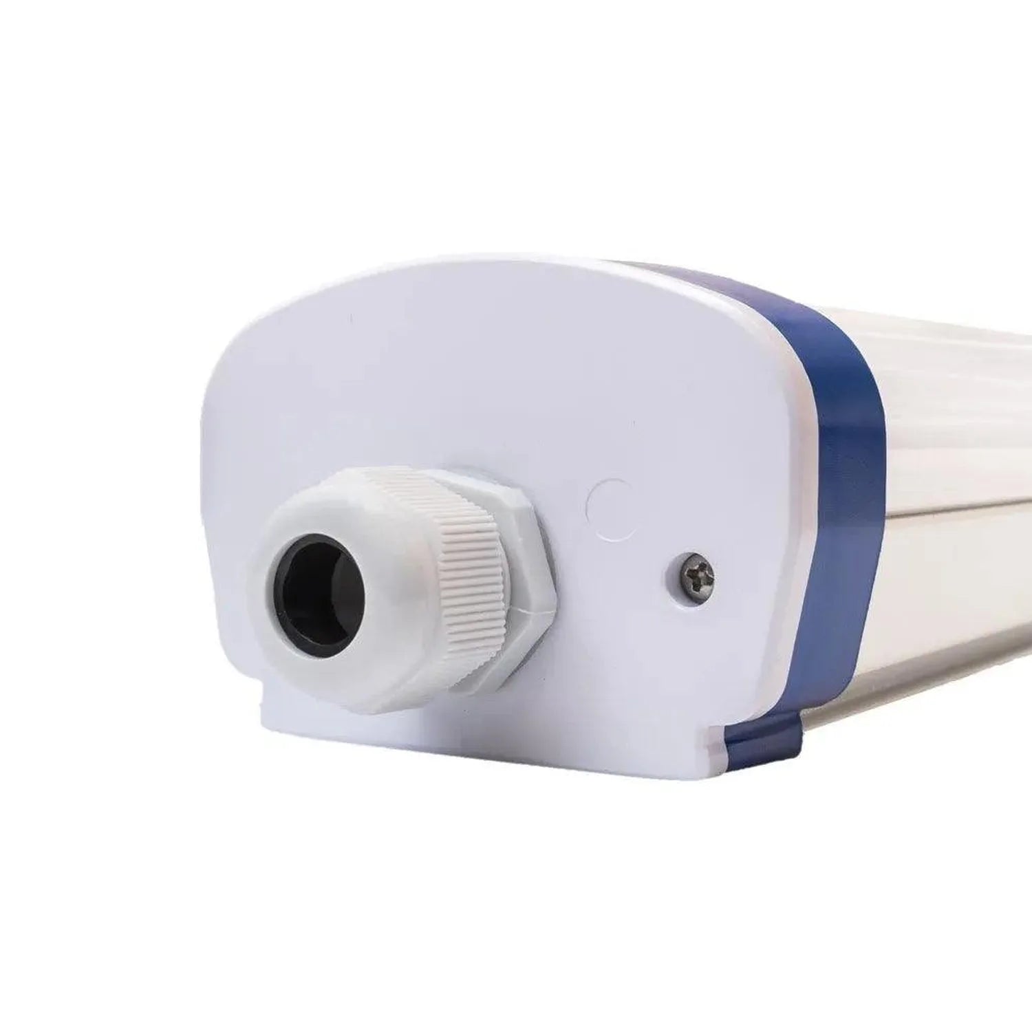 White and blue LED tri-proof light fixture mounted on rail, featuring cable gland connector and ribbed housing, product shot 