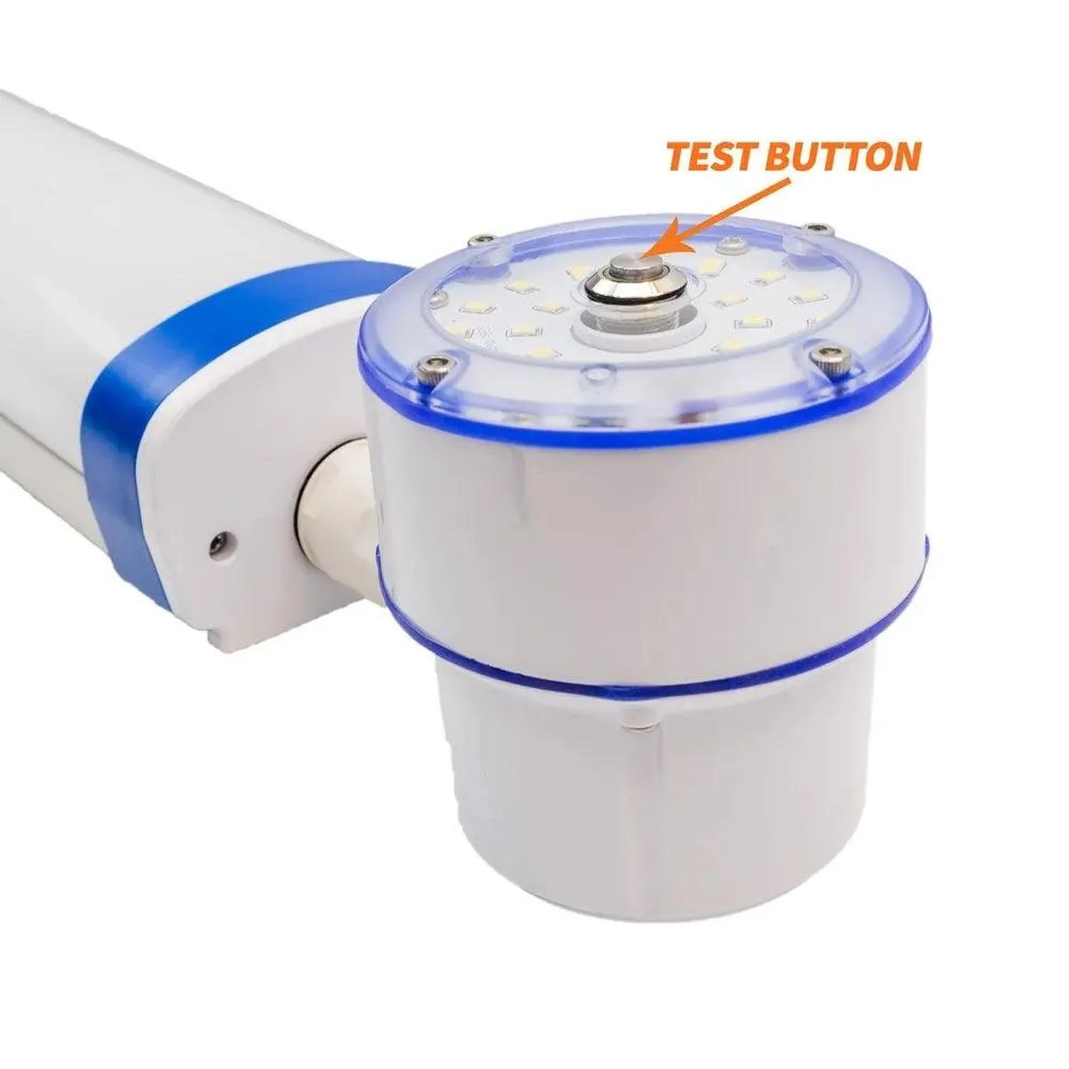 Blue and white LED tri-proof light with cylindrical fixture, test button labeled on top, mounted on white pipe arm.