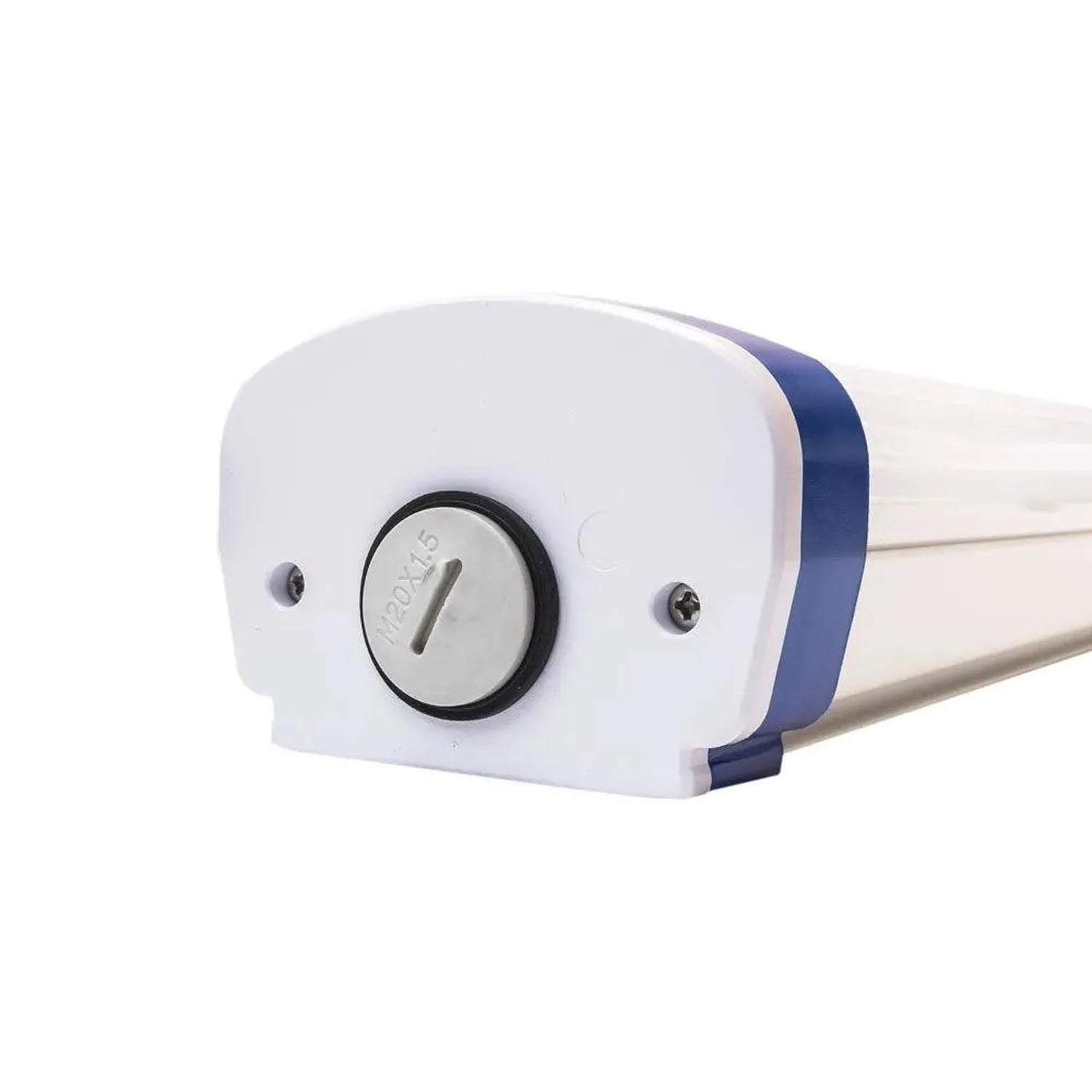 White and navy LED tri-proof light fixture with rotary switch, mounted on white rail against plain background.