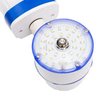 White and blue LED tri-proof light fixture with circular light head showing multiple small LED chips arranged in a circle, mo