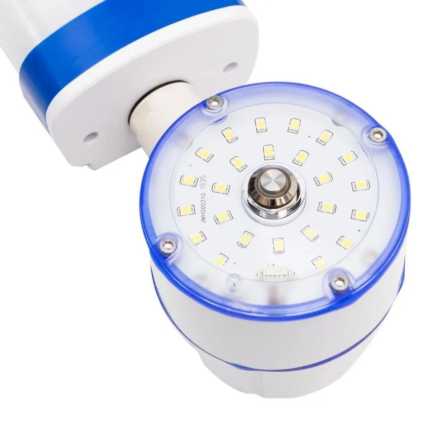 White and blue LED tri-proof light fixture with circular light head showing multiple small LED chips arranged in a circle, mo